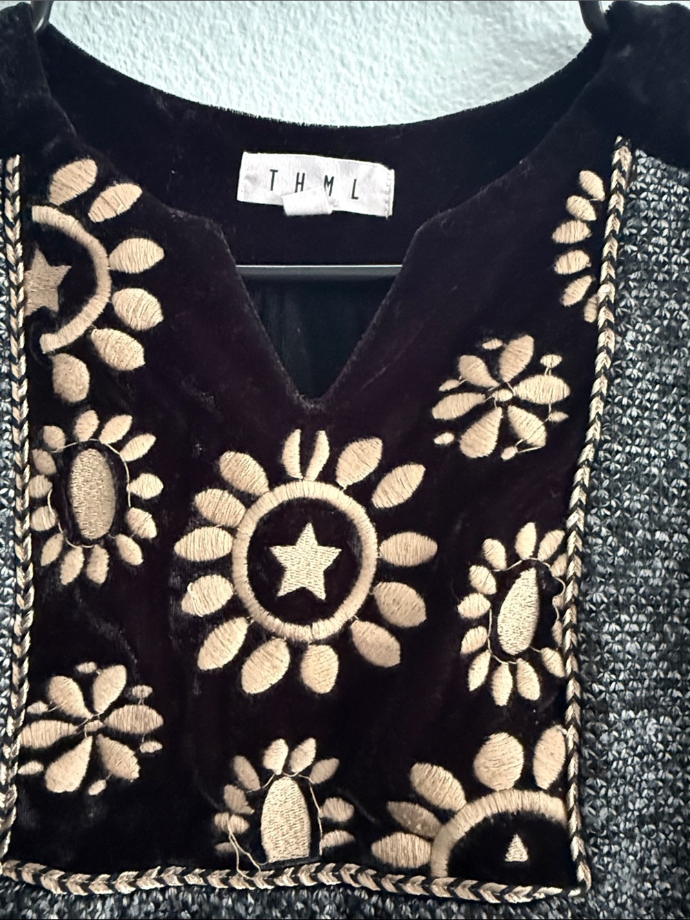 THML S Black Gray Textured Boho Top Embroidered Velvet Floral Bib Ruffle Sleeves - Picture 3 of 6